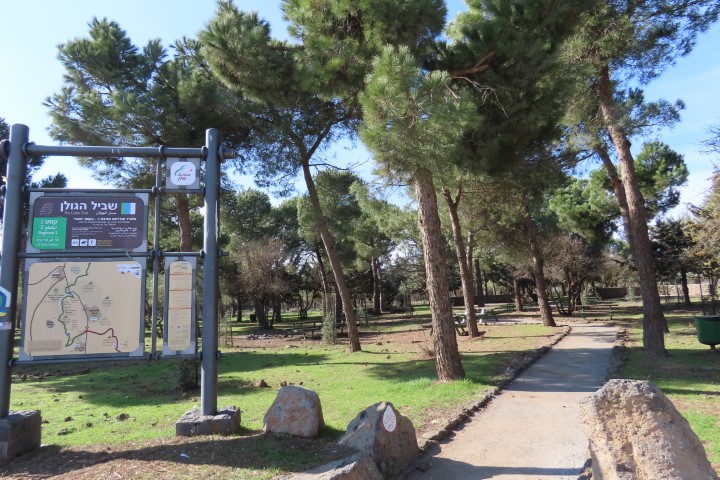 מטיילים הולכים בשביל הגולן עם נוף הררי ירוק ברקע, ליד קיבוץ אל רום