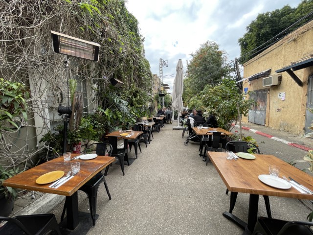 חצר מסעדת משק ברזילי בנווה צדק עם צמחייה ירוקה ותחת כיפת השמיים