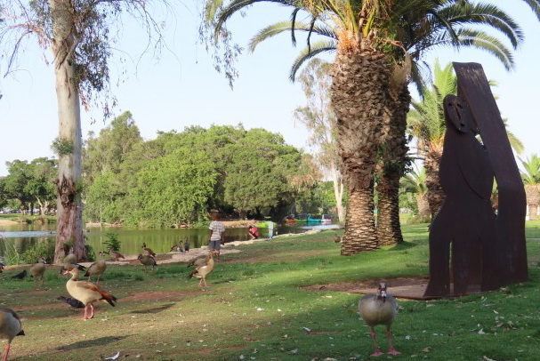 שילוב של אגם, עופות מים ופסלי חוצות בפארק הלאומי ברמן גן
